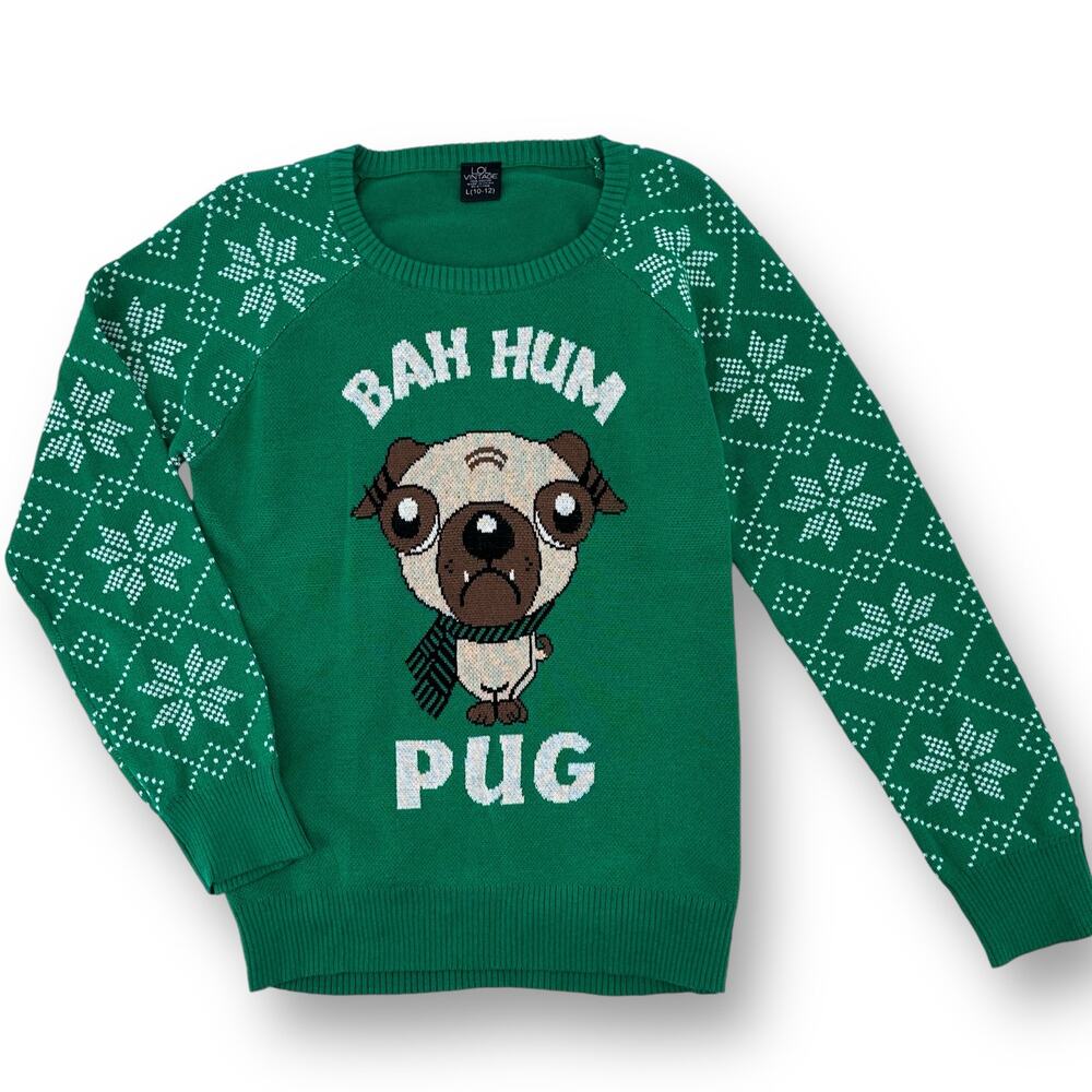 Bah Humbug Pug Dog Lover Christmas Holiday Sweater Girls Sz Large 10 Ugly Party